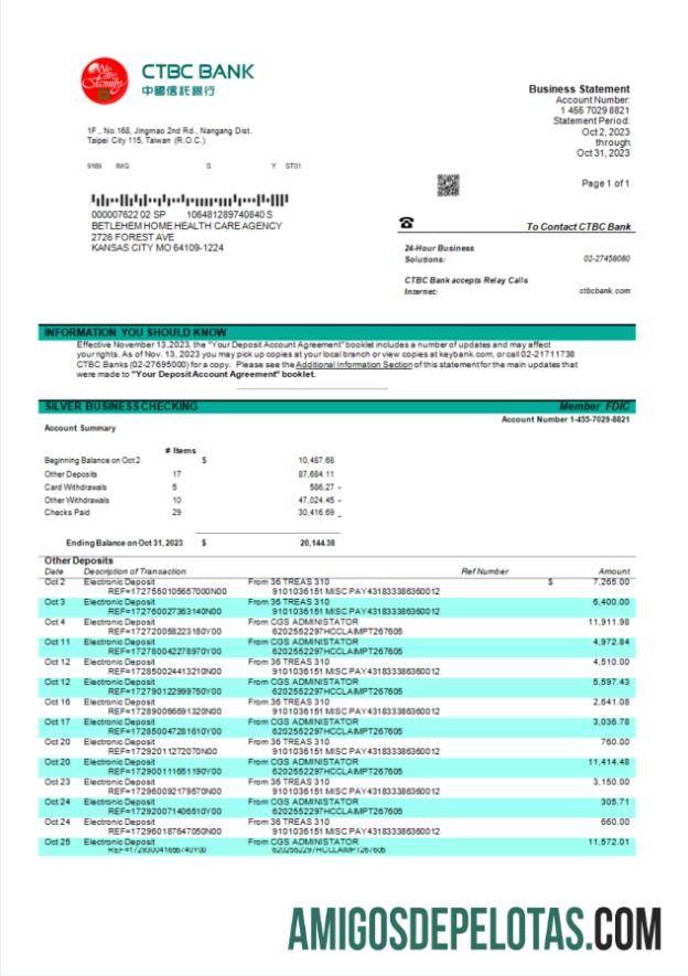 Em branco CTBC Bank Company Statement modelo Word e PDF